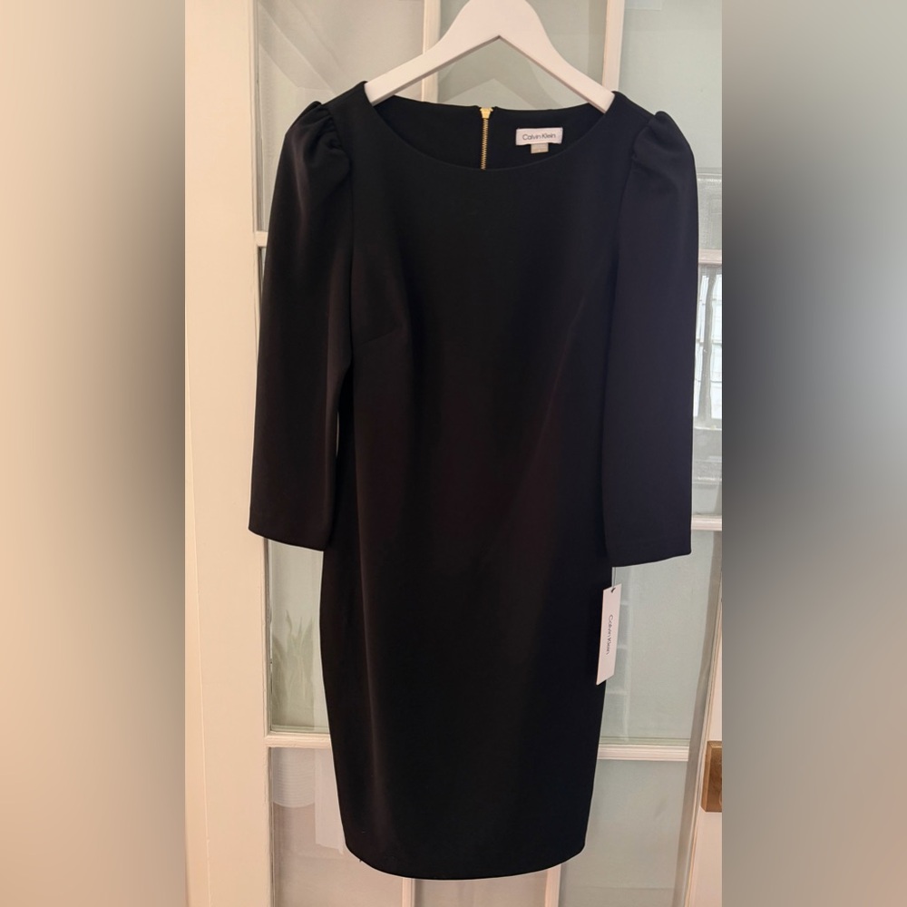 NWT Calvin Klein Classic Black Long Sleeve Dress gold ziP professional business
